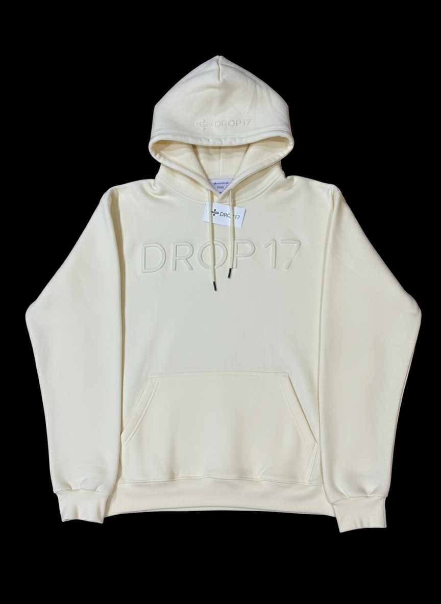 DROP17 Embossed Oversized Hoodie - Cream | Premium Heavy Fleece